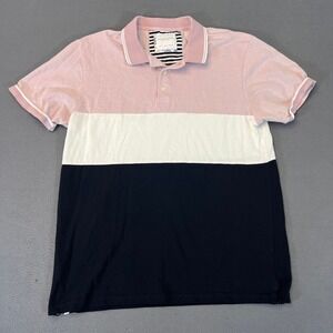 Denim & Flower Ricky Singh Men's Large Polo Pink White Black Stripe Colorblock